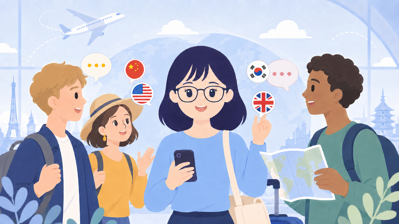 海外旅行で英語・中国語・韓国語を使って会話する人たちのイラスト